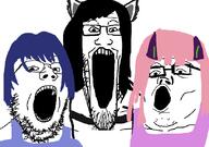 3soyjaks anime anime_female counter_strike female girl glasses groomer groomers japan open_mouth soyjak soyjak_trio stretched_mouth stubble tranny variant:gapejak variant:markiplier_soyjak variant:tony_soprano_soyjak woman // 828x581 // 23.4KB