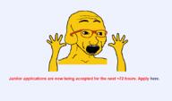 4chan animal animated arm dog ear excited glasses hand hands_up janny open_mouth shaking soyjak text variant:excited_soyjak yellow // 862x509 // 26.9KB