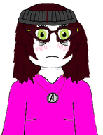 avengers blush closed_mouth clothes glasses green_eyes hair necklace neutral pink_shirt red_hair variant:soytan // 384x503 // 85.2KB