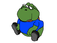 amphibian animal blue_shirt dinosaur fat frog glasses green_skin lips nas:pepe pepe_the_frog shoe sitting stubble super_mario variant:beeg yoshi // 1440x1080 // 26.7KB