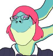 blue_skin closed_mouth clothes dinosaur eyelashes female glasses green_eyes i_want_hug_that_gator long_neck red_hair smile subvariant:gapejak_female variant:gapejak // 940x992 // 70.4KB