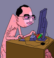 arm based button closed_mouth computer cringe glasses hair hand monster nipple pink_eyes pink_skin redraw soyjak thick_eyebrows tired variant:chudjak vein // 686x726 // 310.2KB