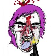 bloodshot_eyes dead ear glasses gun hair mustache open_mouth purple_hair soyjak subvariant:patrick tongue tranny variant:chudjak yellow_teeth // 1010x1123 // 247.9KB