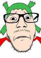 4chan anime clothes glasses green_hair hair mustache sad soyjak stubble variant:punkjak white_skin yotsoyba // 918x1306 // 47.0KB