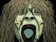 black_background brown_hair creepy glasses green_eyes green_skin hair horror jumpscare movie open_mouth regan_macneil scary soyjak stubble the_exorcist tongue variant:bernd // 640x480 // 66.6KB