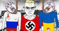 3soyjaks aids blond blood blue_eyes buff clothes concentration_camp ear glasses hair hanging irl_background muscles neovagina oink purple_hair rope russia soyjak subvariant:chudjak_front subvariant:muscular_chud swastika tshirt ukraine variant:bernd variant:chudjak vein yellow_hair // 1743x929 // 805.0KB
