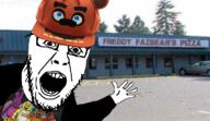 clothes fnaf freddy_fazbear hand hat open_mouth soyjak variant:yurjak // 768x442 // 392.7KB