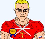 arm award blue_eyes buff christianity closed_mouth clothes eastern_orthodox eyes_like_the_o-o-cean flag flag:russia flag:tula_oblast glasses hair hammer oblast orthodox_cross russia soyjak subvariant:chudjak_front subvariant:muscular_chud sword text transparent transparent_background tshirt tula_oblast variant:chudjak vein yellow_hair // 1059x929 // 104.9KB