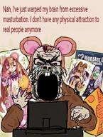4chan angry animal anime arm b_(4chan) body_pillow book brown_hair buck_teeth cheese clothes computer ear fat female glasses hair hand holding_object horn monster_girl_encyclopedia mouse mucus mustache open_mouth pink_hair rat screenshot soyjak stubble variant:a24_slowburn_soyjak vorefag // 680x899 // 826.2KB