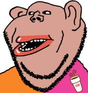 amerimutt brown_skin clothes dunkin_donuts ear hair lips mutt open_mouth orange_shirt pink_shirt soyjak stubble subvariant:impish_amerimutt teeth variant:impish_soyak_ears // 598x628 // 44.2KB