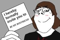 black_eyes blush boymoder brown_hair closed_mouth glasses gray_background grey_background hand holding_object holding_sign hoodie invitation invite smile soyjak subvariant:gapejak_female variant:gapejak white_skin // 1200x800 // 226.5KB