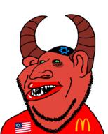 amerimutt black_sclera clothes demon demon_horns ear eye_bags fangs flag:united_states green_eyes hat horn jewish_nose judaism kippah looking_at_you mcdonalds mutt_lips open_mouth red_shirt red_skin sharp_teeth slit_pupils soyjak star_of_david stubble subvariant:impish_amerimutt teeth variant:impish_soyak_ears white_background // 800x1000 // 29.0KB