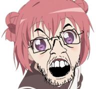 akaza_akari anime clothes glasses hair open_mouth purple_eyes red_hair soyjak stubble variant:feraljak white_skin yuruyuri // 628x583 // 274.1KB