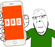 arm bbc british_broadcasting_corporation clothes glasses hand holding_object holding_phone iphone phone pun smile soyjak stubble text tshirt variant:cobson // 2160x1884 // 627.1KB