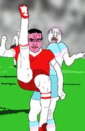 3soyjaks anger_mark angry arm art bloodshot_eyes blurred_background blush boot boots closed_mouth ear eyes flag flag:transgender_pride_flag flag_shirt football football_boot front_facing glasses grass hair hand jersey kick lipstick mucus neutral nose open_mouth people pink_skin red_shirt shadow shorts small_pupils soccer soyjak stadium standing stubble subvariant:chudjak_front subvariant:neutralplier sweating template thighs tongue tranny variant:bernd variant:chudjak variant:markiplier_soyjak vein white_shirt yellow_teeth // 965x1500 // 373.3KB