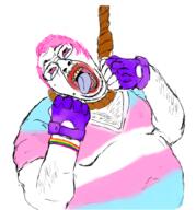 arm bloodshot_eyes buff clothes crying fat fingerless_glove glasses glove hair hairy hand hanging lgbt lipstick noose open_mouth pink_hair rope soyjak stubble suicide tongue tranny tshirt variant:bernd yellow_teeth // 950x1019 // 508.2KB