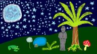 drawn_background frog full_body glasses moon mushroom night plant smile soyjak star statue stubble subvariant:wholesome_soyjak tree variant:gapejak // 1920x1080 // 302.2KB