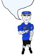 arm aryan autism black_pants black_shoes blue_hat blue_shirt buff clothes ear eyes finger glasses hand hat leg lips mouth muscular_male neck nose sock speech_bubble speech_bubble_empty subvariant:unbotheredchud text unbothered variant:chudjak vein yellow_hair // 1962x3016 // 146.3KB