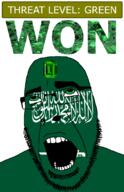 ahegao arabic_text country emerald flag flag:saudi_arabia gem glasses green green_eyes hair looking_up open_mouth saudi_arabia schlog_color_event soyjak soyjak_blog stubble sword teeth text threat_level_green variant:cobson won // 721x1115 // 220.0KB