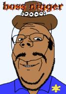 badge black_skin boss_nigger closed_mouth clothes glasses hair hat mustache sheriff smile soyjak stubble subvariant:wholesome_soyjak text variant:gapejak // 700x1000 // 115.5KB