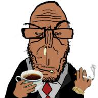 brown_skin cigarette cup euromutt gold holding_object looking_at_you smile smoking smug subvariant:euromutt tea tuxedo variant:markiplier_soyjak watch // 1000x1000 // 351.6KB