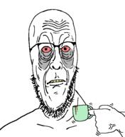 bloodshot_eyes coffee drinking eye_bags glasses hand holding_object open_mouth shaking soyjak stephen_colbert stubble tired variant:cobbert yellow_teeth // 518x565 // 15.1KB