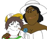 2soyjaks band-aid baseball_cap blush breasts brown_hair brown_skin cap closed_mouth clothes dress facial_mark female freckles glasses hair happy hat holding_lollipop holding_object looking_at_you niggerstone smile soyjak subvariant:shoyta subvariant:wholesome_soyjak variant:gapejak white_background // 1500x1250 // 87.5KB
