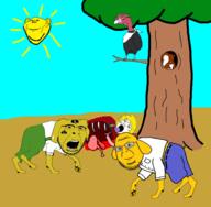 angry bird bloodshot_eyes brown_eyes closed_mouth clothes dead dog dog_ear drawn_background ear glasses hair janny multiple_soyjaks mustache nate open_mouth queen_of_spades smile soyjak spade squirrel stubble subvariant:feralsquirrel subvariant:shoyta sun suspenders tail tongue tree variant:cobson variant:feraljak variant:gapejak variant:impish_soyak_ears variant:shotjak vulture yellow_hair // 1837x1796 // 614.9KB