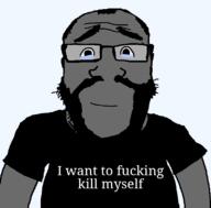 arm beard black body closed_mouth clothes crying eyebrows eyes glasses grey_skin hair happy nose smile soyjak stubble subvariant:science_lover suicide text tshirt variant:markiplier_soyjak white // 800x789 // 30.6KB