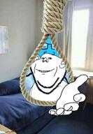 animated arm bed bedroom blue blue_skin calm closed_eyes cloud ear grin hand hanging irl_background music noose rope sky smile stubble suicide variant:impish_soyak_ears variant:markiplier_soyjak video // 534x768, 33.5s // 3.2MB