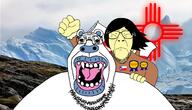 antiswarthy_(namefag) award eskimo fist flag glasses greenland iceberg inuit long_hair open_mouth polar_bear punch serious texas variant:hippojak variant:patriotjak yellow_skin // 2326x1338 // 1.7MB