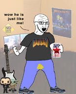 baby_yoda book clothes computer doom full_body funko_pop glasses guitartar holding_book holding_object john_wick megadeth open_mouth piss poster shoe sign soyjak stubble text thrash_metal variant:soyak // 644x800 // 319.8KB