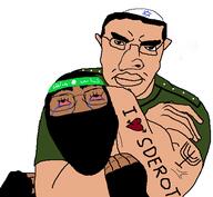 ack arm balaclava bloodshot_eyes brown_skin buff choke_hold closed_mouth clothes crying ear glasses hair hamas hand hat headband i_love idf islam israel judaism kippah large_nose menorah muscles palestine subvariant:chudjak_front tattoo text the_weak_should_fear_the_strong thick_eyebrows uniform variant:chudjak vein // 499x461 // 30.7KB