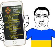 arm closed_mouth glasses hair hand holding_object holding_phone iphone phone russia russo_ukrainian_war smile soyjak subvariant:chudjak_front ukraine variant:chudjak war // 1729x1508 // 1.9MB