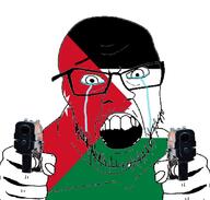 country countrywar crying flag flag:jordan glasses gun hair hand holding_object jordan open_mouth pistol soyjak star_(symbol) stubble teeth variant:feraljak // 1117x1066 // 398.9KB