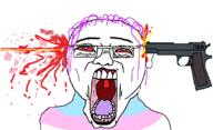 anhero bloodshot_eyes blue_eyes clothes dead flag glasses gun hair open_mouth pistol purple_hair redraw shoot soyjak suicide tongue tranny variant:bernd // 1109x673 // 460.2KB