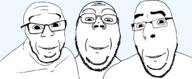 3soyjaks bald closed_mouth glasses happy looking_at_you smile stubble subvariant:gapejak_front subvariant:wholesome_soyjak trio variant:cobson variant:feraljak variant:gapejak // 1915x789 // 64.6KB