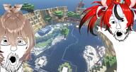 2soyjaks badge bowtie brown_hair feather female glasses hair hakos_baelz hololive minecraft mustache nanashi_mumei open_mouth pointing red_hair soyjak stubble tree variant:two_pointing_soyjaks video_game vtuber water // 3624x1920 // 2.6MB