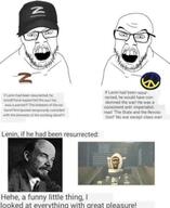 2soyjaks angry clothes glasses hat open_mouth peace_sign russia russo_ukrainian_war skibidi_toilet stubble teeth text ukraine variant:feraljak vladimir_lenin z_(russian_symbol) // 1048x1280 // 130.2KB