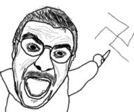 brimstone clothes double_chin glasses hair meta:tagme mustache nose nostrils open_mouth pointing soyboy soyjak swastika teeth thick_eyebrows variant:unknown // 754x627 // 207.3KB