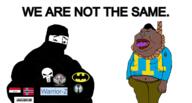 Astrofene_(namefag) CrimeanChud_(namefag) Warrior-Z(user) arab arabic_text balaclava bara batman batman:_arkham_knight batman_(series) bloodshot_eyes brap braphog breasts buff caligraphy crimea crimean_tatar crying extremely_obese fart fat flag:norway full_body gas gassy hanging islam kufic mcdonalds mge moobs mudslime muscular_male muslims mutt norway obese open_mouth punisher punisher_face shahada smile soybooru subvariant:mexiaryan variant:chudjak variant:meximutt // 1252x673 // 181.9KB