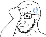 frown glasses hand hand_on_face looking_down mouth_closed soyjak stubble sweating variant:soyak worried // 907x738 // 29.6KB