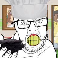 animated chef chef_hat clenched_teeth clothes coal generous giving glasses hand hat holding_coal holding_object mustache papas_burgeria soyjak stubble table variant:feraljak yellow_teeth // 255x197 // 100.1KB