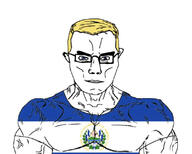arm blond blue_eyes buff closed_mouth clothes country ear el_salvador flag:el_salvador glasses soyjak subvariant:chudjak_front subvariant:muscular_chud tshirt variant:chudjak vein white_background // 801x643 // 215.4KB