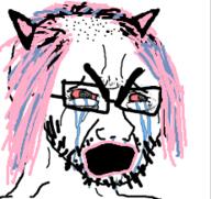 angry balding bloodshot_eyes cat_ear crying glasses hair open_mouth pink_hair soyjak stubble thick_eyebrows tranny variant:cryboy_soyjak // 231x218 // 34.1KB