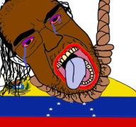 bloodshot_eyes brown_skin crying flag hair hanging mustache open_mouth rope soyjak stubble subvariant:chudjak_front suicide tongue tranny variant:chudjak venezuela yellow_teeth // 768x719 // 316.6KB
