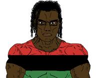 black_skin brown_eyes buff closed_mouth clothes flag:pan-african glasses hair soyjak subvariant:chudjak_front subvariant:muscular_chud tshirt variant:chudjak vein // 1841x1499 // 279.9KB