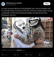 2soyjaks amerimutt angry azov_battalion beard big_nose clothes ear evil flag:ukraine glasses hand handshake happy_merchant hat impish irl_photo jewish_nose judaism jude kike long_nose mouth_open smile star_of_david stubble subvariant:impish_amerimutt teeth twitter ukraine variant:impish_soyak_ears variant:soyak // 1188x1263 // 328.3KB