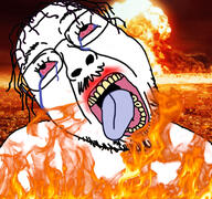 bloodshot_eyes burning crying dead explosion fire glasses hair irl_background mushroom_cloud mustache nuclear open_mouth pun soyjak stubble tongue variant:bernd // 768x719 // 678.7KB