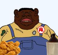 alcohol black_skin buck_teeth button clothes curly_hair fat food fried_chicken hair jug lips moonshine mutt overalls red_lips republican subvariant:meximutt_front2 subvariant:niggamutt teeth tshirt variant:meximutt yellow_teeth // 1675x1583 // 943.7KB